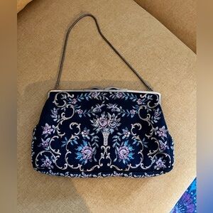 Vintage tapestry bag made in West Germany for Daytons. Black and floral. Brass